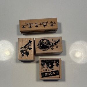 Lot of 4 Wooden Block Rubber Holiday Stamps - Christmas and St Patrick’s Day
